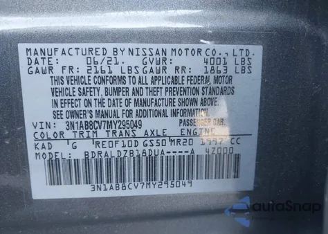 2021 Nissan Sentra Sv Xtronic Cvt z USA, uszkodzony, nr VIN 3N1AB8CV7MY295049